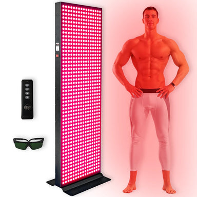Upright EXESAS 800 LED 4000W Full Body Red Light Therapy Device on a white background with remote and sunglasses