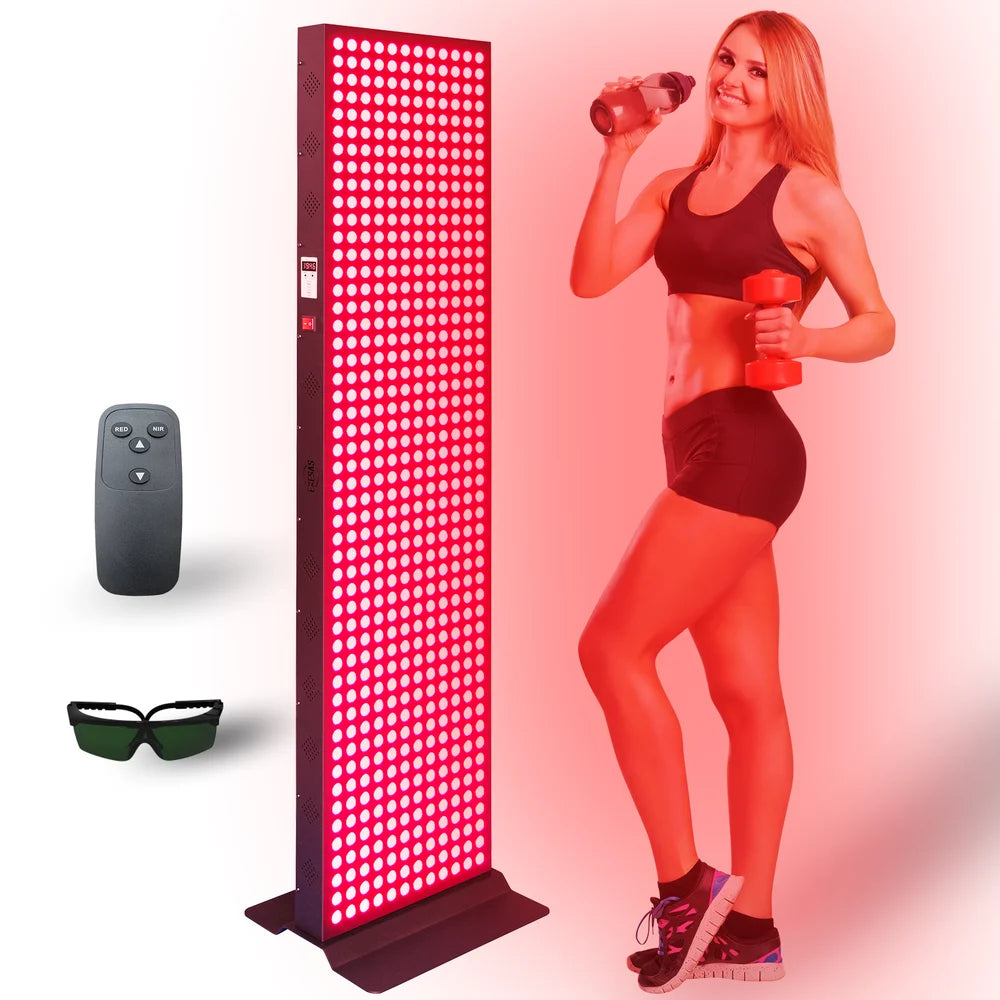 Illuminated EXESAS Full Body LED Red Light Therapy Panel on its base stand with remote, sunglasses and a woman