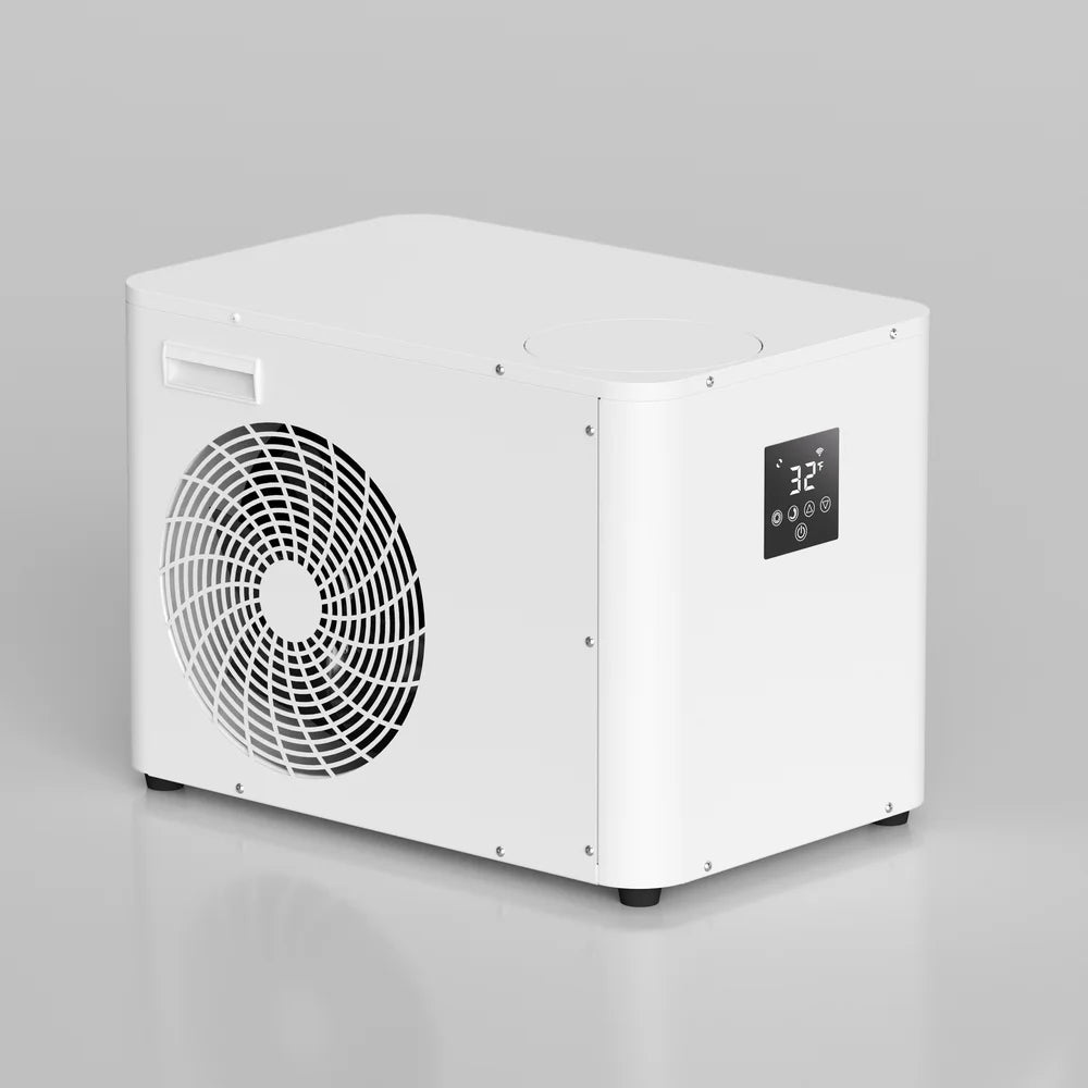 Angled shot of the white AMBOHR Pro Chiller Ice Bath Chiller with fan grille, handle and 32°F display