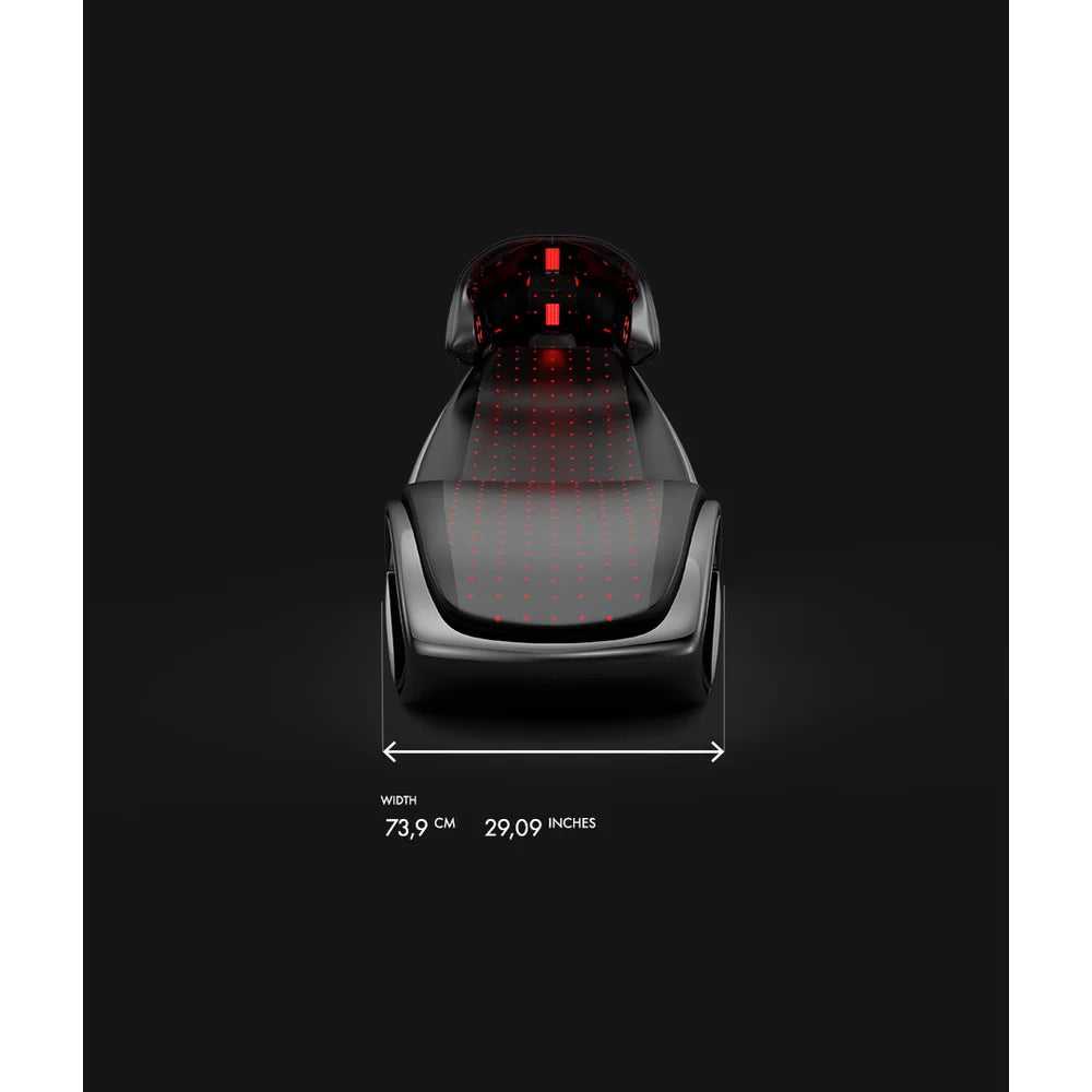 Front measurement drawing marking the 73,9 cm width of the Vacu Activ Red Couch Oxy Therapy Device