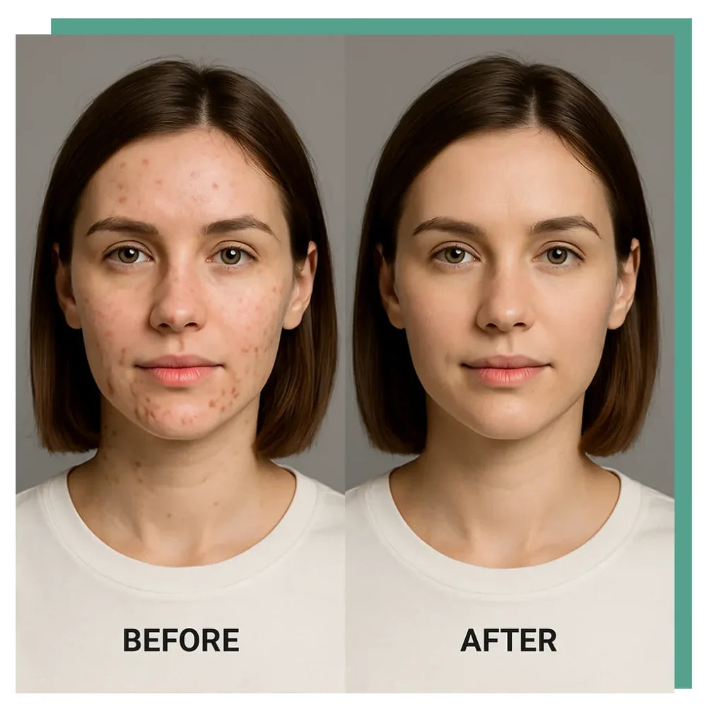 Woman with acne breakouts across her cheeks and chin, then smooth clear skin, with the KoreLight KoreMask Red Light Therapy Mask