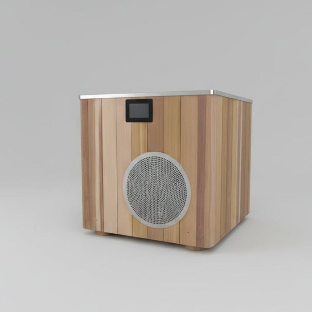 MedEq wood and stainless steel plunge pool with integrated chiller/heater, end view with touch display and vent