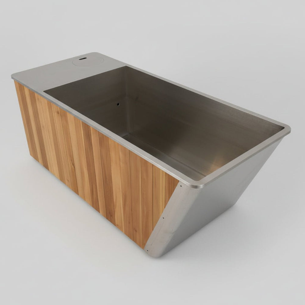 MedEq wood and stainless steel plunge pool with integrated chiller/heater, stainless steel tub interior