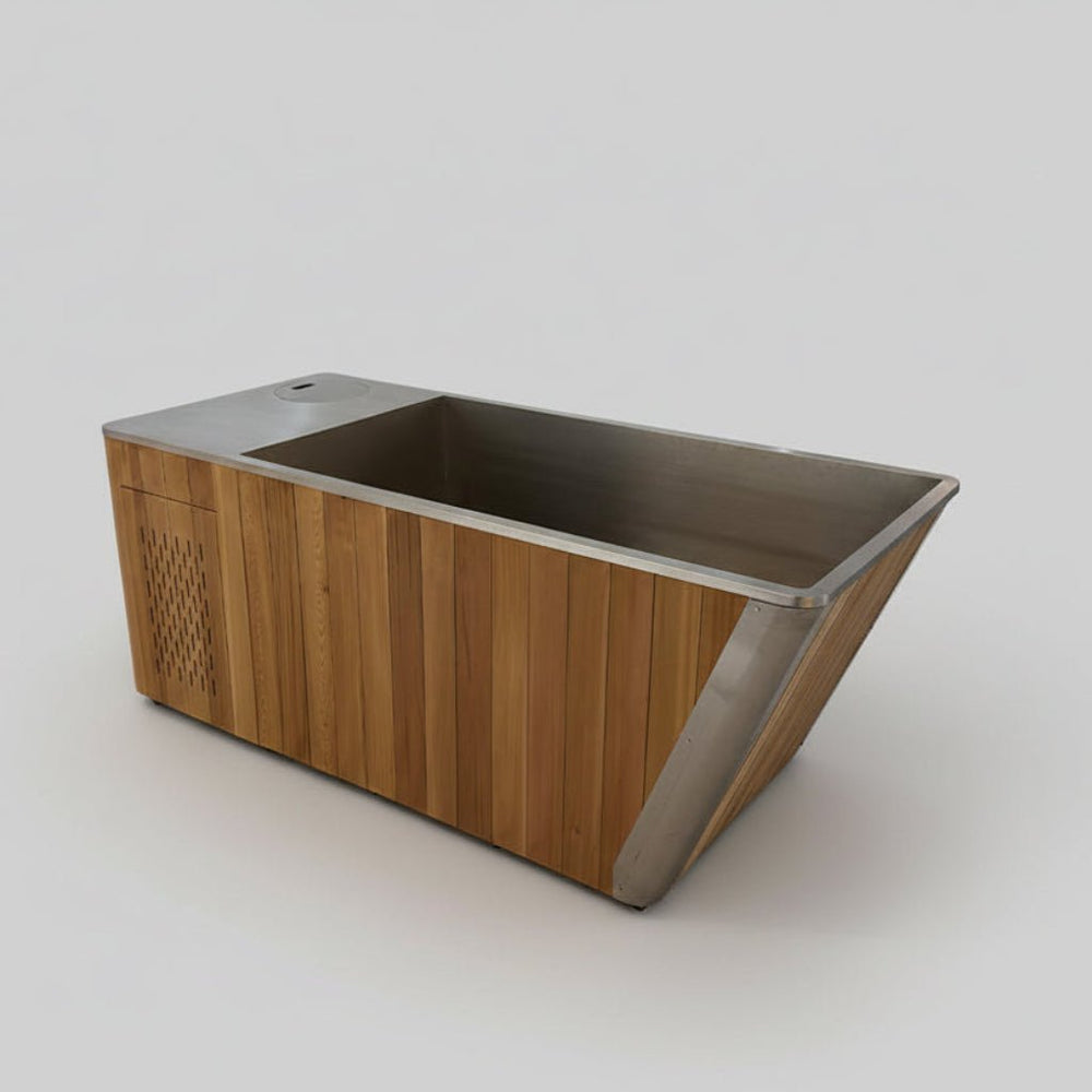 MedEq wood and stainless steel plunge pool with integrated chiller/heater, side view