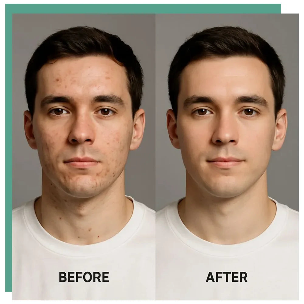 Young man with acne on cheeks and forehead beside clearer skin after the KoreLight KoreMask Light Therapy Mask