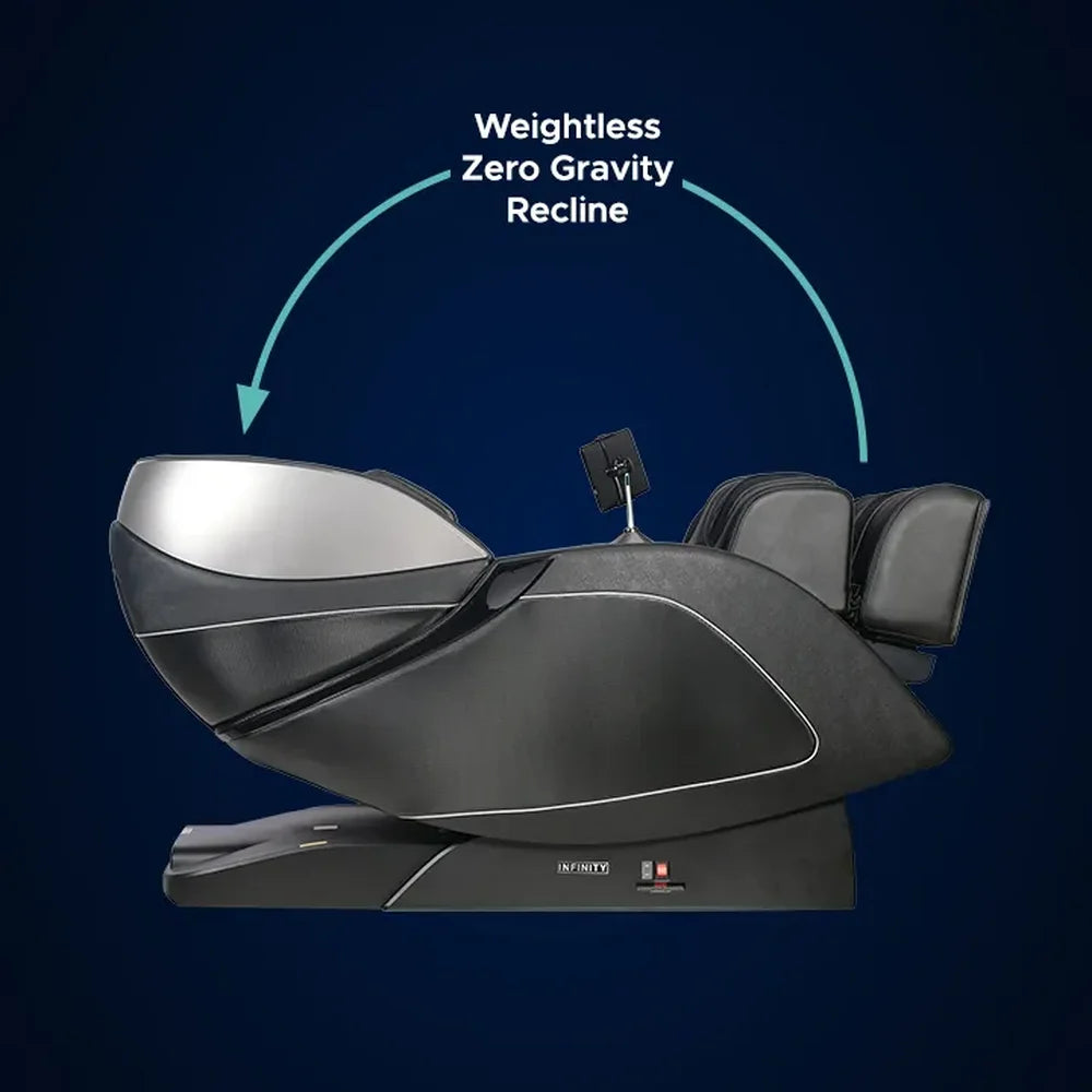 Side view of the Infinity Palisade Pro 4D reclined into zero gravity with feet raised and a curved arrow label